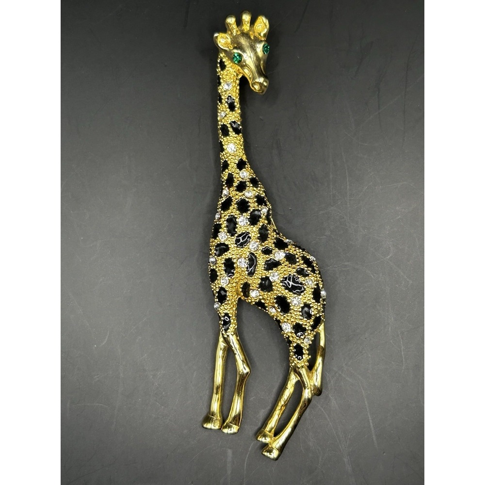 Vintage Giraffe Gold Tone Rhinestone Brooch Pin Black Enamel Green Jewel Eyes